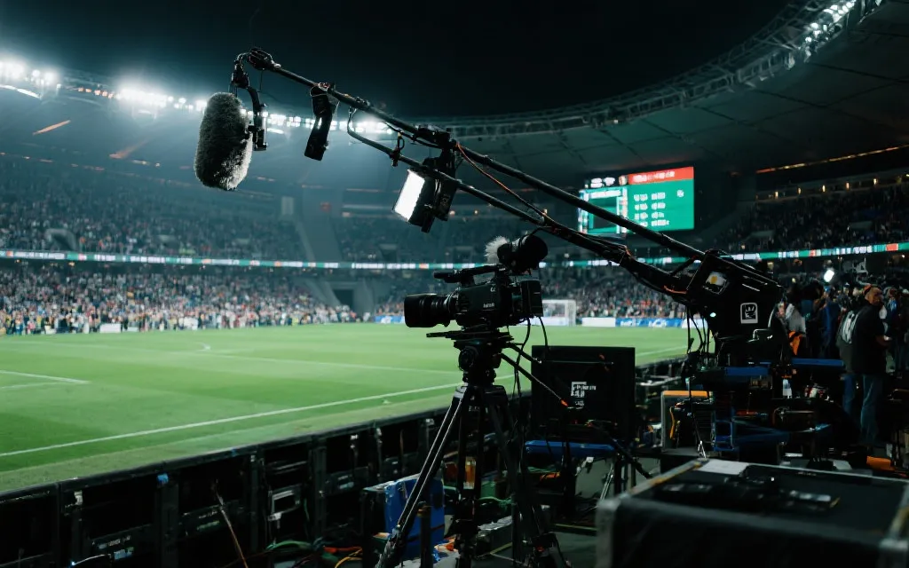 大型国际足球赛事的转播与商业运作场景：灯光、摄像机、数据屏与球迷人潮
