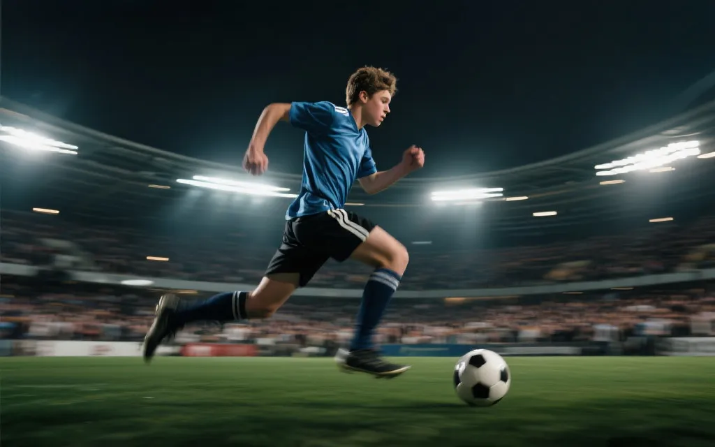 世界杯赛场上年轻球员冲刺带球，身后是模糊的观众席与灯光，充满电影感
