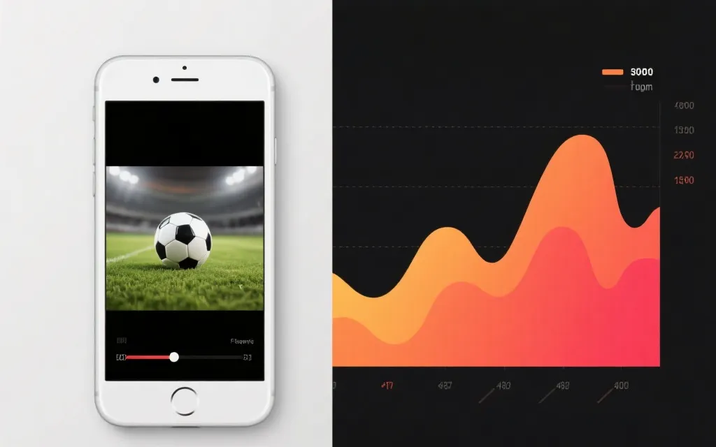 社交媒体热度曲线与手机屏幕上的世界杯短视频剪辑画面，信息图风格